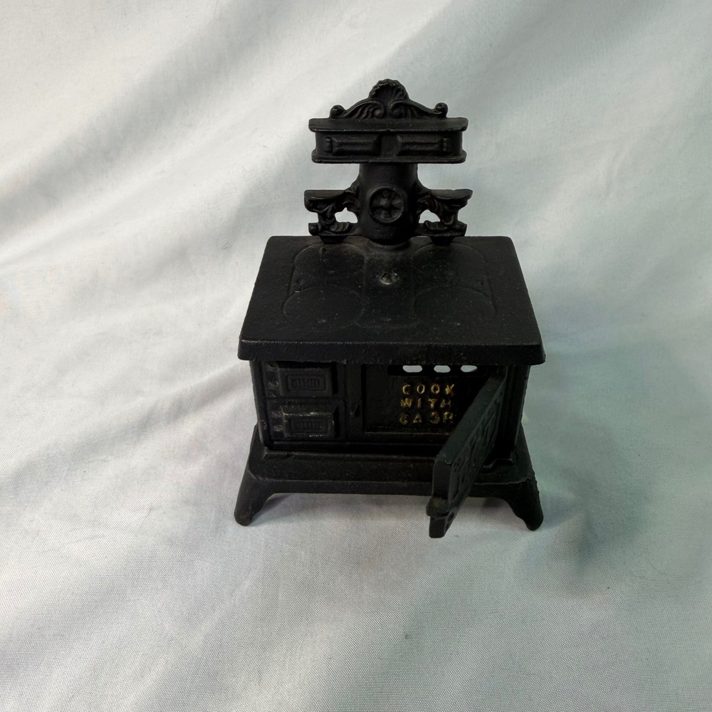 Vintage Cast Iron Miniature Stove Coin Bank Cook With Gas Black Figurine